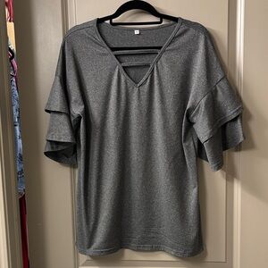 Women's Gray Ruffle Sleeve V-Neck Top